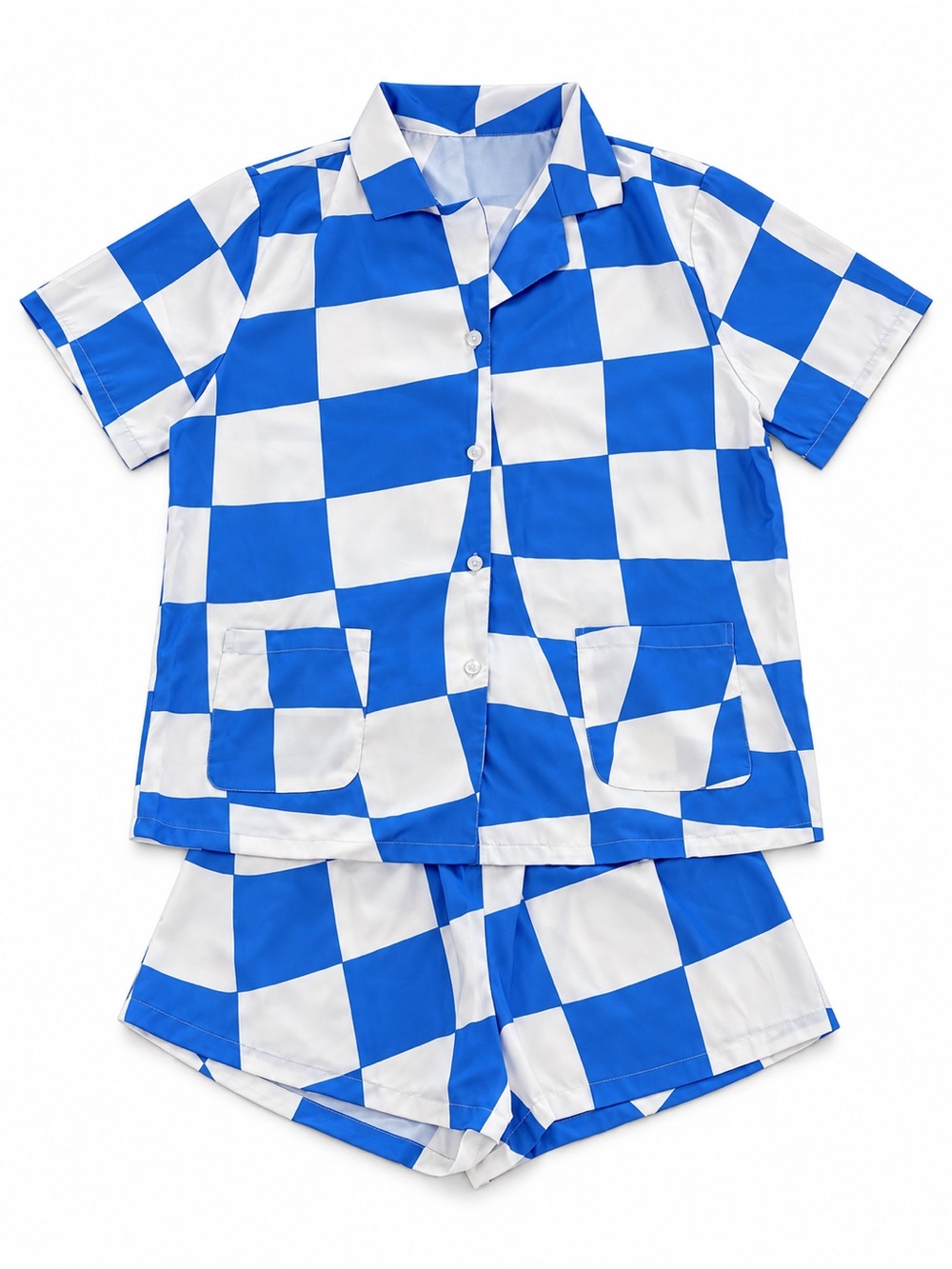 UNBRANDED CHECKERBOARD RESORT 2PC SET WOMENS SMALL BLUE WHITE SATIN LOOK Y2K